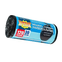 Мешки для мусора 120 л, с ушками, черные, в рулоне 30 шт., ПНД, 15 мкм, 1100х700 мм, Крепак, 4607075710375 в Краснодаре