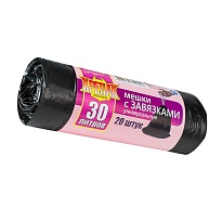 Мешки для мусора 30 л, с завязками, черные, в рулоне 20 шт., ПНД, 12 мкм, 580х500 мм, Крепак, 4607075710306 в Краснодаре